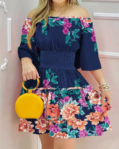 Floral Print Shirred Off Shoulder Dress