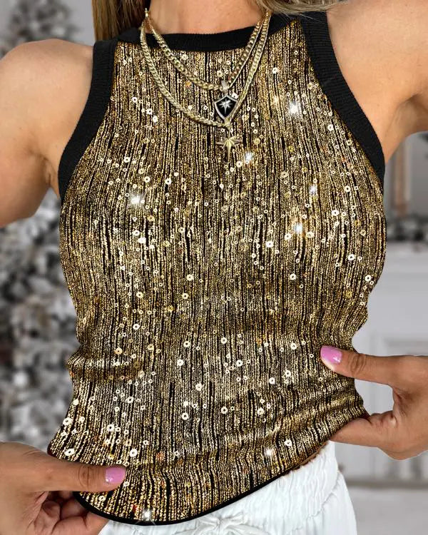 Contrast Sequin Leopard Pattern O-neck Sleeveless Tank Tops Slim Fitted Shirt