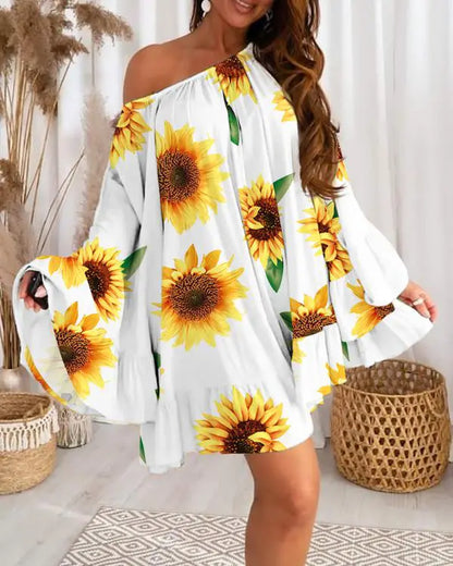 Sunflower Print Bell Sleeve Ruffle Hem Swing Dress