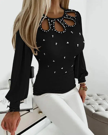 Butterfly Pattern V-Neck Contrast Sequin Ruched Sheer Mesh Slim Fit Top Casual Blouse