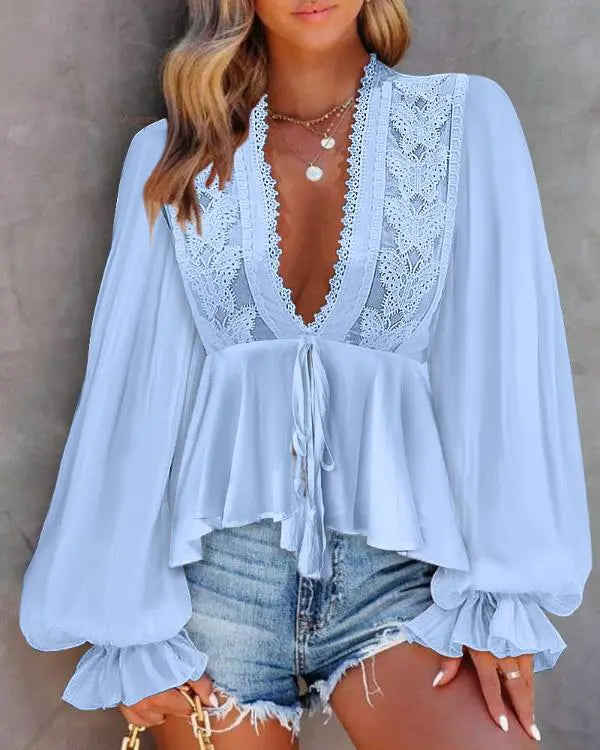 Plunge Lantern Sleeve Lace Patch Tied Detail Top