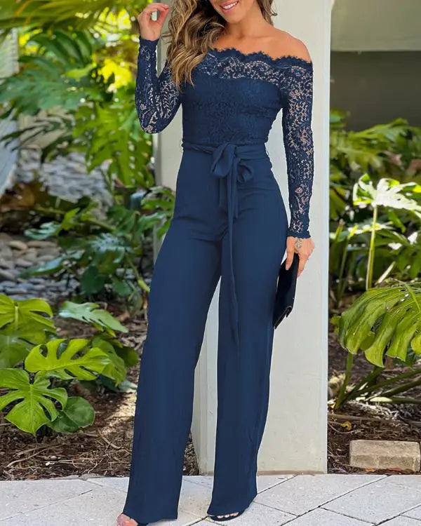 Off Shoulder Long Sleeve Eyelash Lace Patch Slim Fit Jumpsuit Tied Detail Casual Overalls