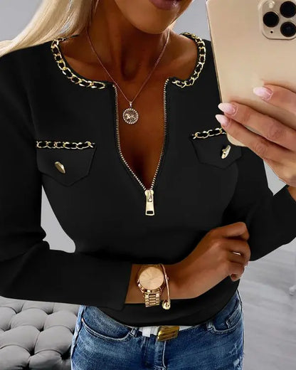 Crewneck Half Zipper Design Long Sleeve Knit Sweater Casual Pullover Tops