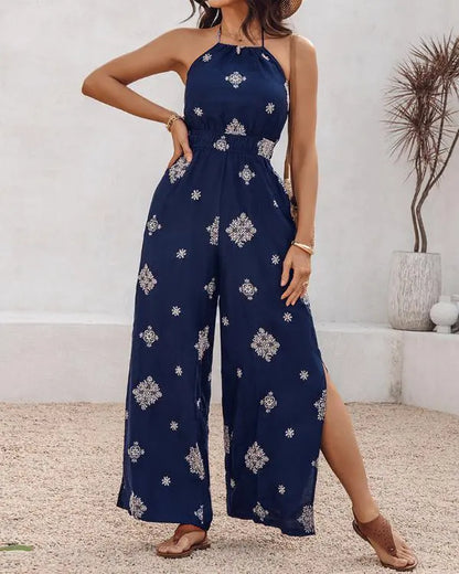 Graphic Print Halter Backless Side Slit Shirred Wide Leg Jumpsuit Vacation Overalls