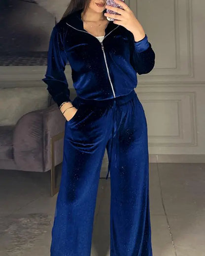 2 Piece Rhinestone Turn-down Collar Long sleeves Cardigan Wide Leg Pants Casual Pants Set