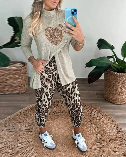 2 Piece Heart Pattern Contrast Sequin Mock Neck Long Sleeve Slit Top Leopard Print High Waist Cuffed Pants Lounge Sets