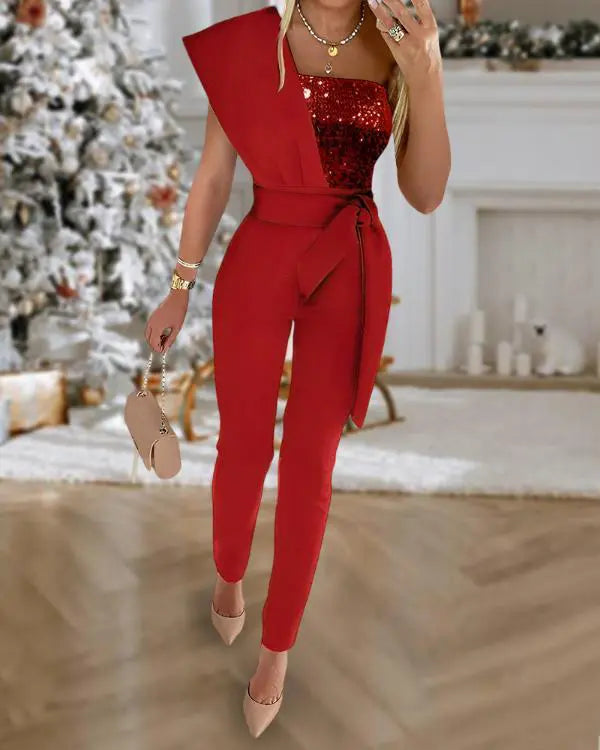 Contrast Sequin One Shoulder Jumpsuit Tied Detail Sleeveless Romper