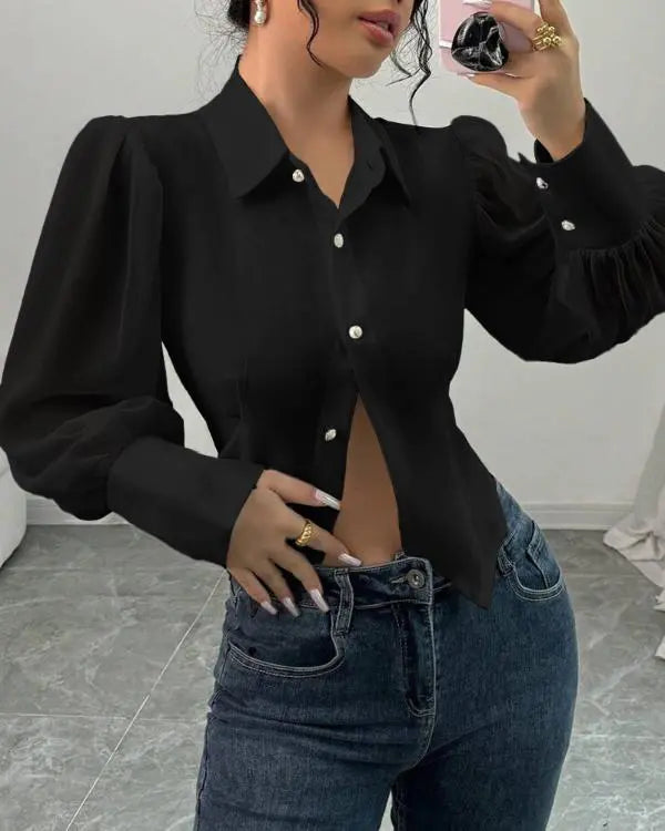 Ciff Lantern Sleeve Turn-down Collar Cinched Waist Beaded Decor Blouse Casual Top