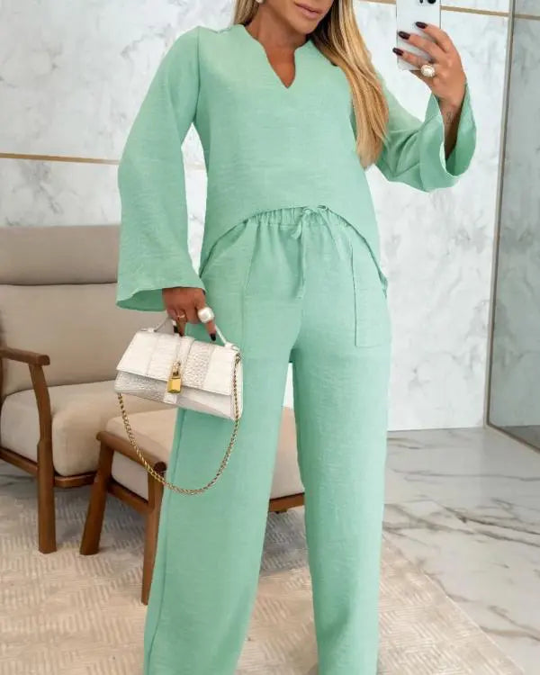 2 Piece Notch Neck Long Sleeve Asymmetrical Hem Tops Stretchy Waist Straight Leg Pants Lounge Sets Tracksuit