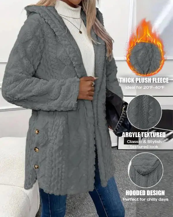 Argyle Textured Button Down Side Slit Long Sleeve Fleece Teddy Coat Hooded Jacket Warm Outwear