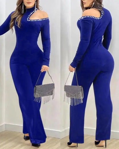 Rhinestone Cold Shoulder High Neck Jumpsuit Long Sleeve Slim Fit Flared Jumpsuit