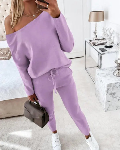 2 Piece Lounge Outfit Long Sleeve Skew Neck Pullover Tops Stretchy Waist Pants Set Tracksuit