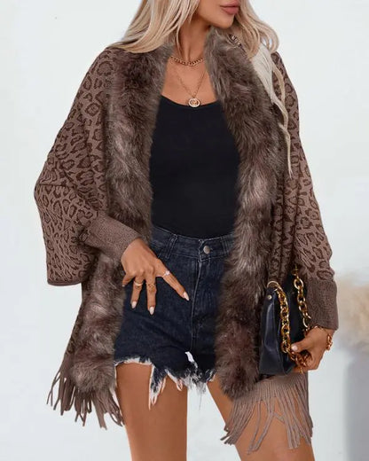 Fuzzy Collar Shawl Poncho Knit Cardigan