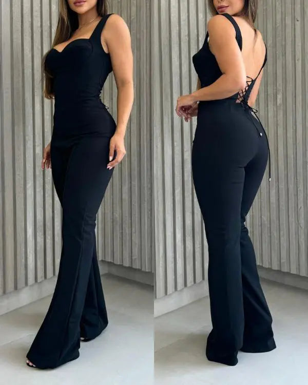 Sweatheart Neck Thick Strap Backless Lace-up Jumpsuit