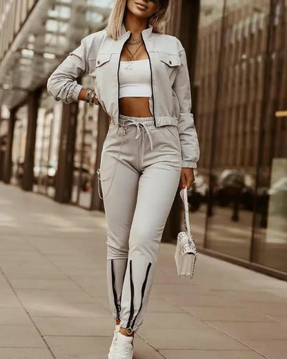 2 Piece Casual Outfit Workout Zip Up Coat Drawstring Waist Track Suits Lounge Sets