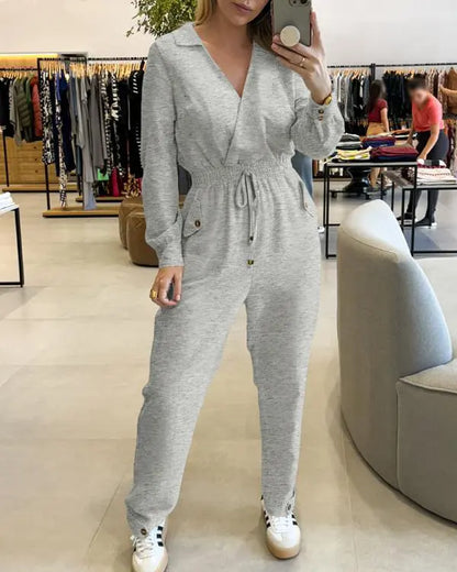 Lapel V-neck Collar Shirred Drawstring Waist Jumpsuit