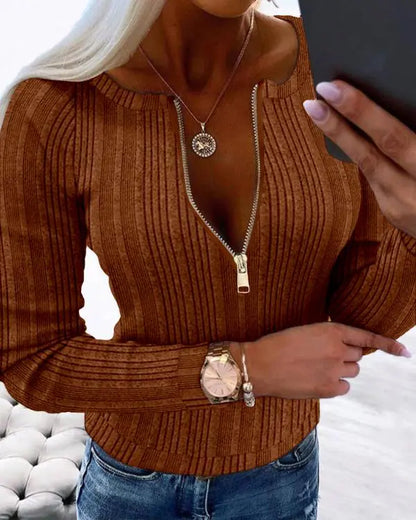 Crewneck Long Sleeve Ribbed Top Half Zipper Design Casual Pullover Tops