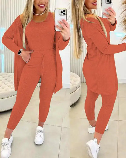 3 Piece Lounge Set Crewneck Sleeveless Tank Top Long Sleeve Open Front Coat Pants Sweatsuit