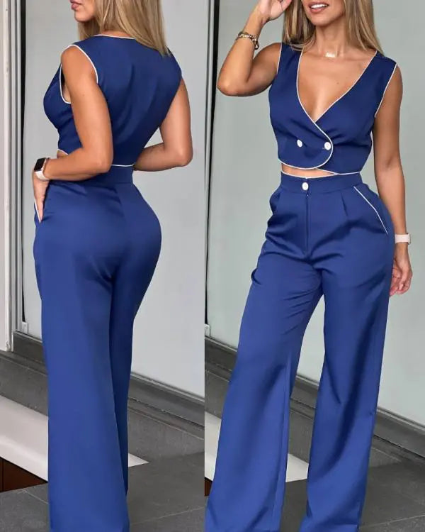 Contrast Binding V-Neck Front Button Crop Tank High Waist Wide Leg Pants Casual Pants Set with Pocket