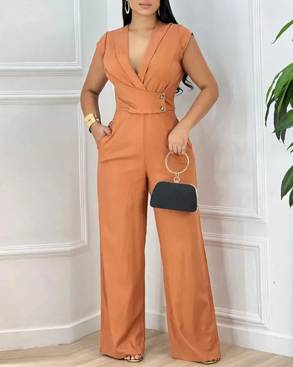 Deep V Short Sleeve Front Button Criss Cross Wide Leg Jumpsuit Elegant Overall