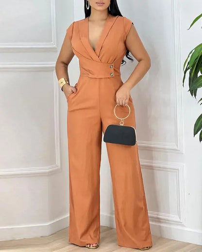 Deep V Short Sleeve Front Button Criss Cross Wide Leg Jumpsuit Elegant Overall