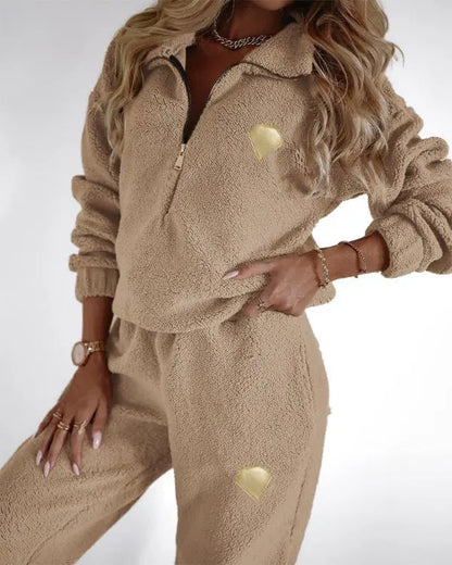 2 Piece Outfit Half Zip Up Fuzzy Coat and Stretchy Waist Long Pants with Pockets Tracksuit Set