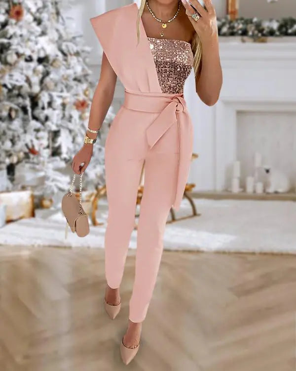 Contrast Sequin One Shoulder Jumpsuit Tied Detail Sleeveless Romper