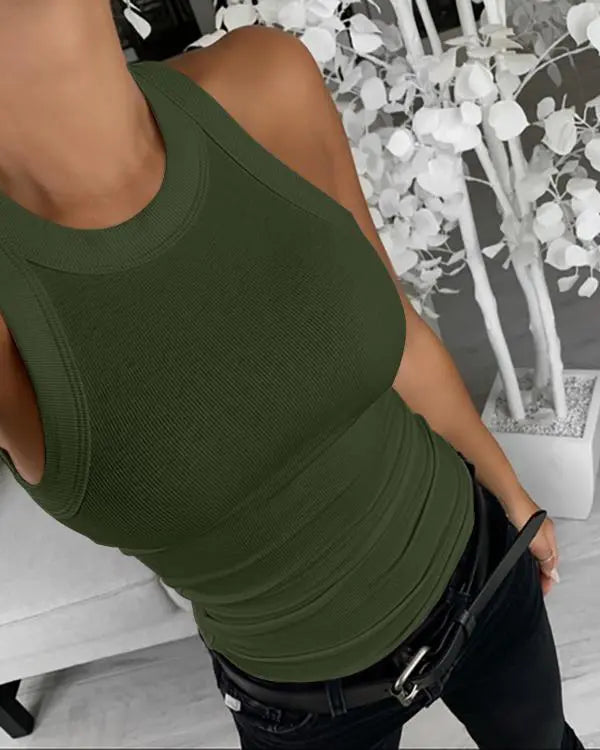 O-Neck Knit Sleeveless Basic Slim Fit Tummy Control Tank Casual Top