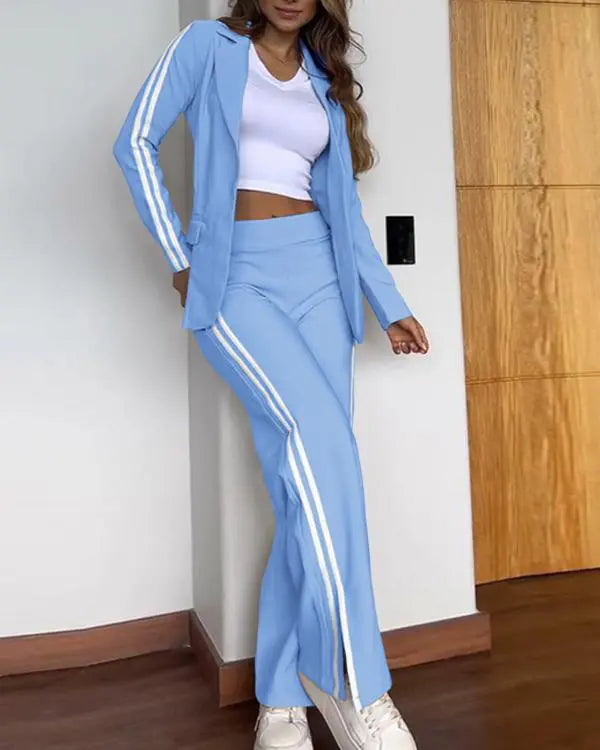 2 Piece Stripe Print Notched Collar Long Sleeve Coat Slit Straight Pants Work Pants Set