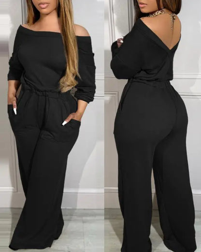 Off Shoulder V-Back Stretchy Waist Pocket Design Jumpsuit