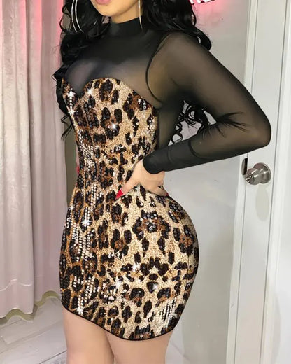 Leopard Pattern Bandeau Contrast Sequin Bodycon Dress