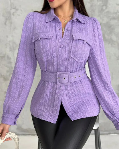 Textured Buttoned Flap Detail Puff Sleeve Top With Waistbelt