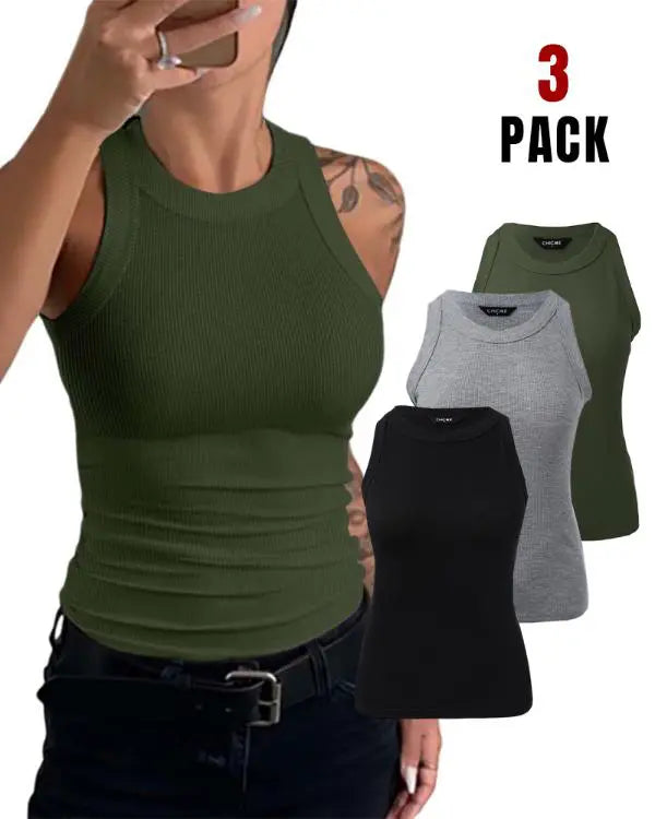 3-Pack Knit Round Neck Thick Strap Racerback Tank Tops