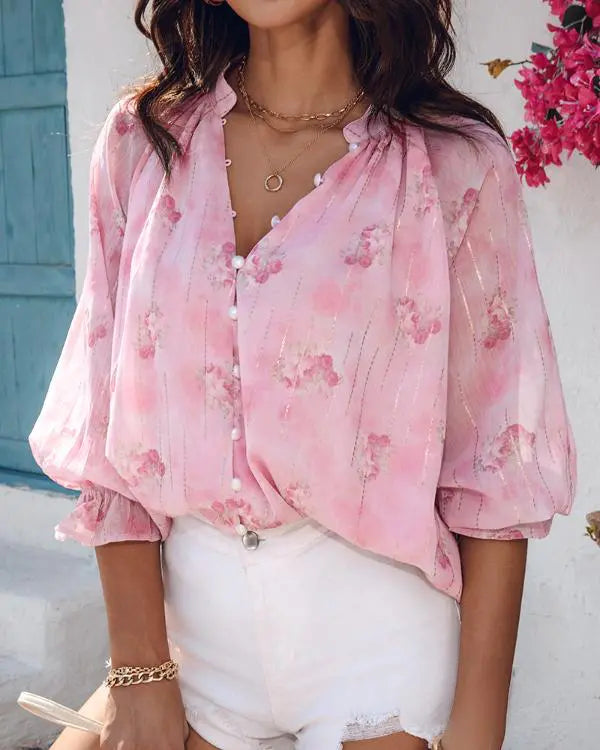Glitter Lurex Floral Print Long Sleeve Blouse Front Button Casual Top