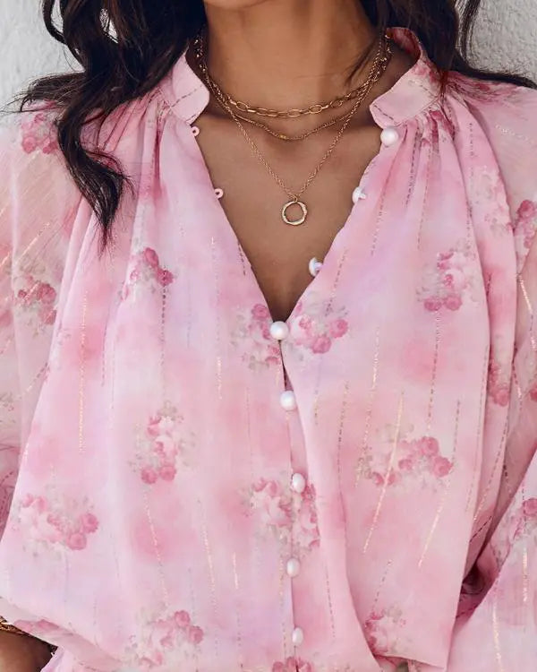 Glitter Lurex Floral Print Long Sleeve Blouse Front Button Casual Top