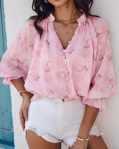 Glitter Lurex Floral Print Long Sleeve Blouse Front Button Casual Top