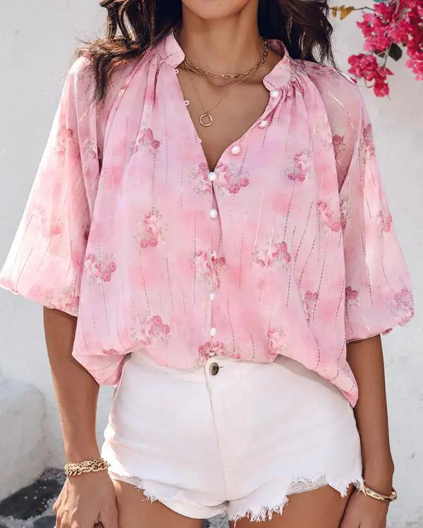 Glitter Lurex Floral Print Long Sleeve Blouse Front Button Casual Top