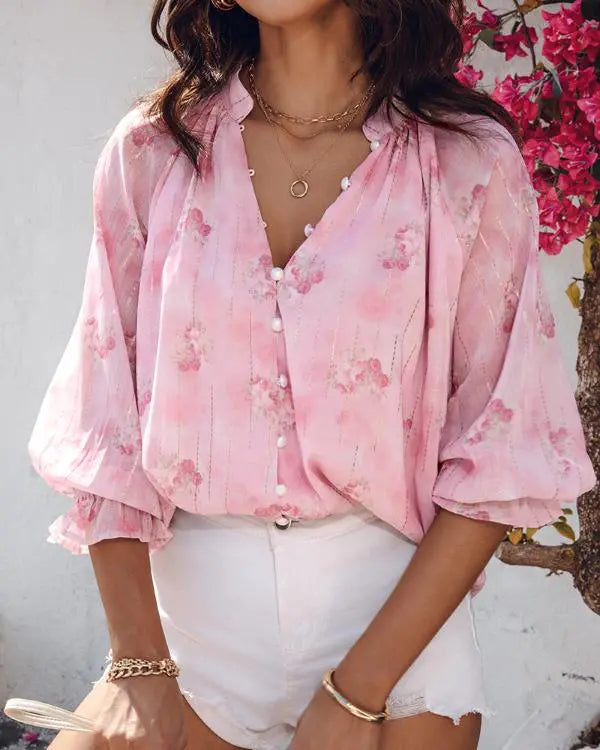 Glitter Lurex Floral Print Long Sleeve Blouse Front Button Casual Top