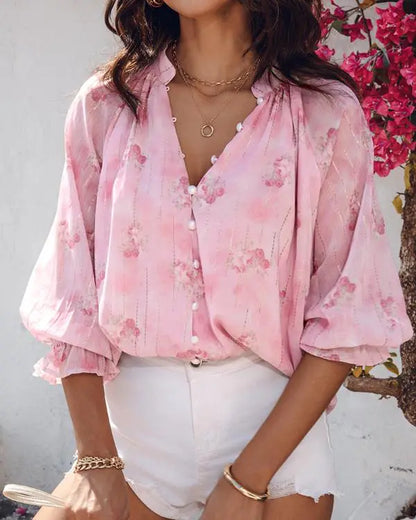 Glitter Lurex Floral Print Long Sleeve Blouse Front Button Casual Top