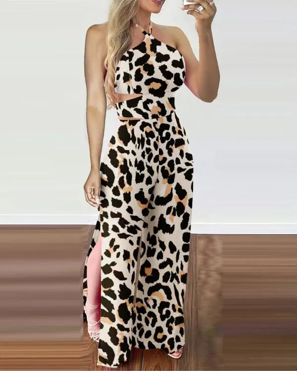 Leopard Print Halter Sleeveless Jumpsuit Casual Backless Loose Fit Slit Rompers