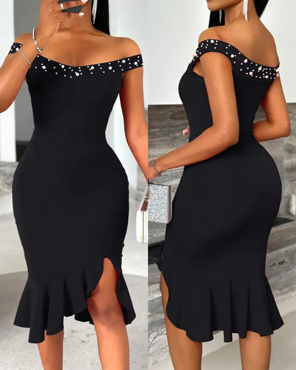 Beaded Details Off The Shoulder Ruffles Hem Slit Bodycon Party Dress