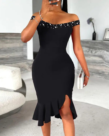 Beaded Details Off The Shoulder Ruffles Hem Slit Bodycon Party Dress