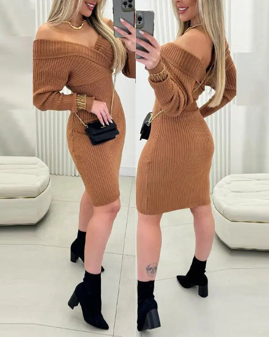 Off Shoulder Slim Fit Knit Long Sleeve Dress Bodycon Sweater Dress