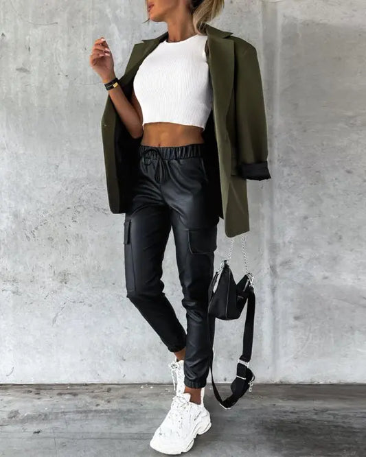 Elastic Waist PU Leather Drawstring Cuffed Pants with Pocket
