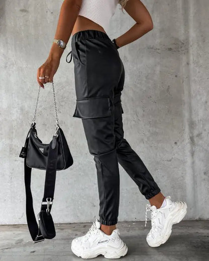 Elastic Waist PU Leather Drawstring Cuffed Pants with Pocket