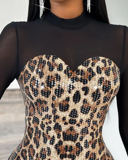 Leopard Pattern Bandeau Contrast Sequin Bodycon Dress