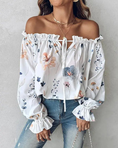 Floral Print Off Shoulder Lantern Sleeve Top