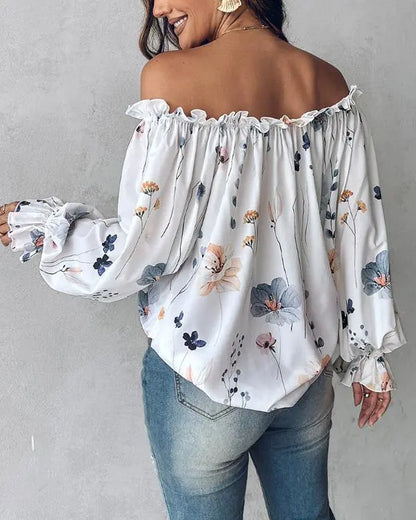 Floral Print Off Shoulder Lantern Sleeve Top