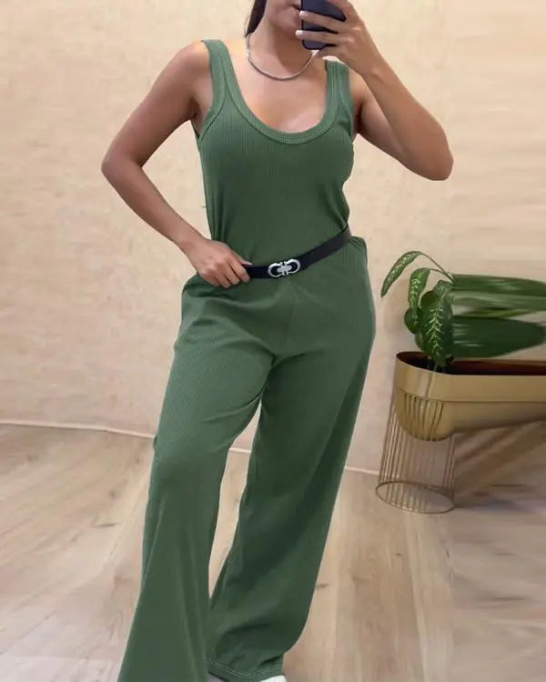 U-Neck Thick Strap Casual Jumpsuit