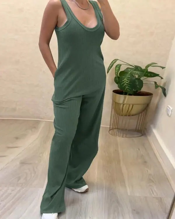 U-Neck Thick Strap Casual Jumpsuit